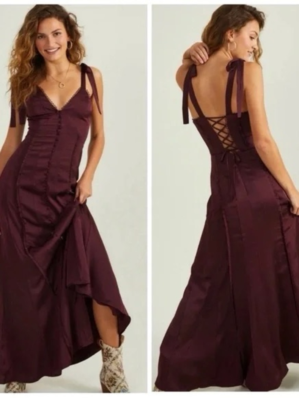 Altar’d State Jacindy Drop-Waist Corset Satin Maxi Dress tie straps lace up back